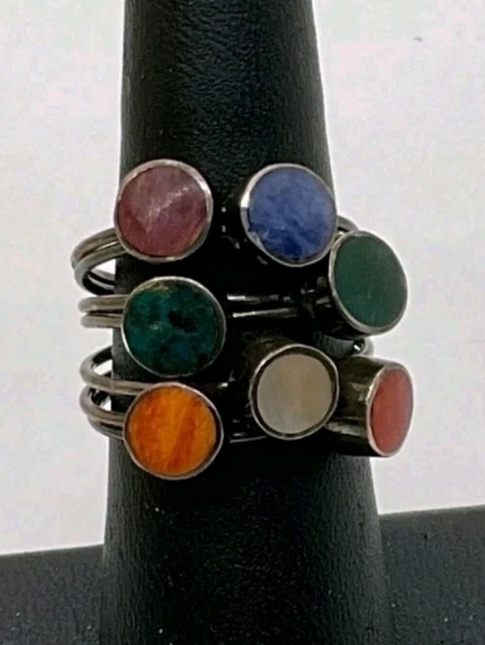 VTG. 950 Silver Multi Gemstone 7 Interconnected Bands SZ 7 Ring- 7.42g